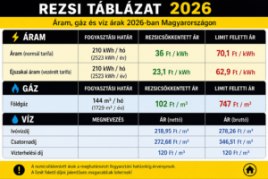Rezsi táblázat 2026 - gáz - áram - víz árak