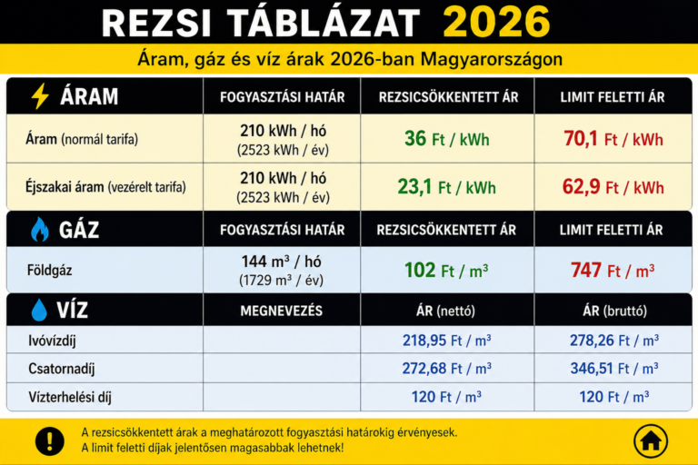 Rezsi táblázat 2026 - gáz - áram - víz árak