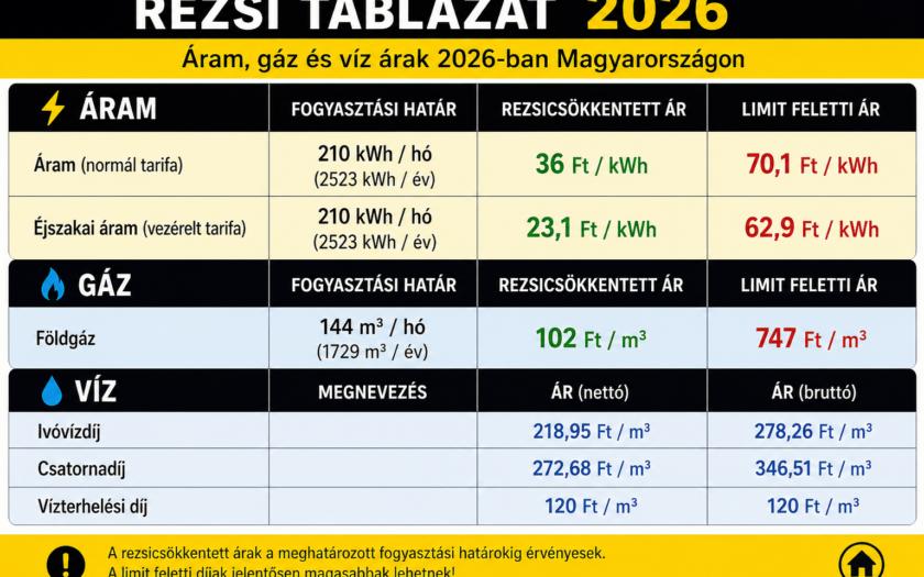 Rezsi táblázat 2026 - gáz - áram - víz árak